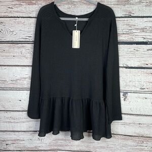 🏷️NWT Chvity Black Waffle Knit Tunic Top Size Large Long Sleeve Pullover Shirt